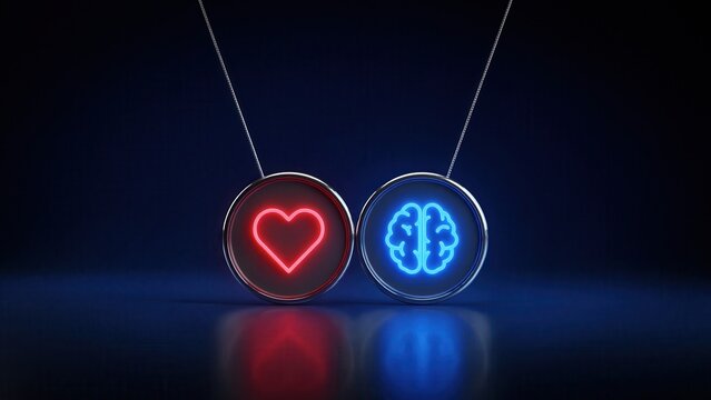 Heart and brain symbols as neon glowing pendulums