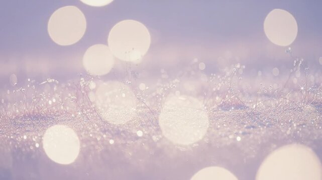 Soft glowing bokeh light effect over delicate dewy grass with dreamy pastel tones and sparkling highlights
