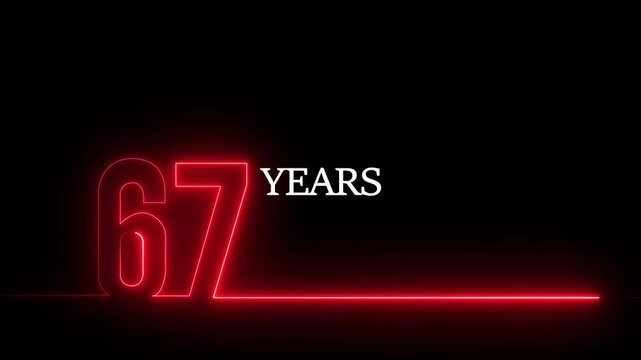 67 years anniversary neon glowing number animation on black background