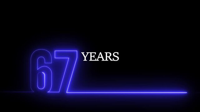 Neon blue 67 years anniversary typography motion on black background