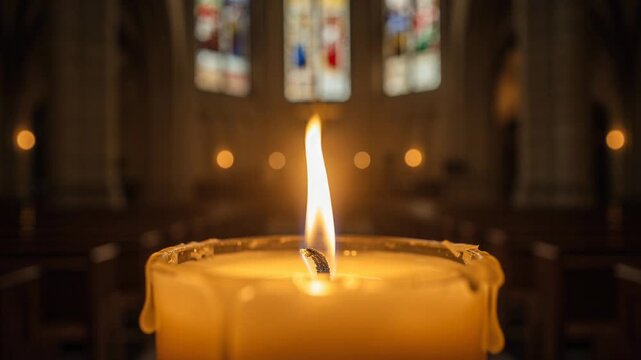 Close up of a burning candle with warm glow inside a church with stained glass windows in background