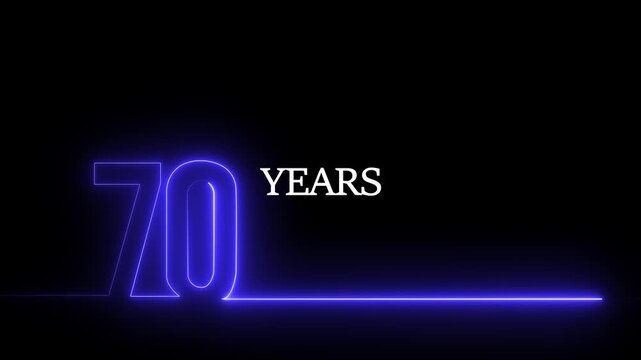 70 years anniversary neon sign animation, glowing blue number seventy motion for celebration and birthday event