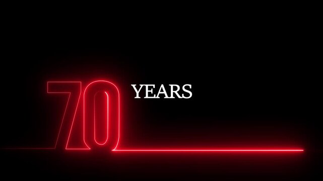 70 years anniversary neon sign animation with glowing red typography and minimalist line on black background.
