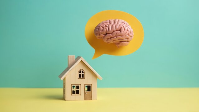 Miniature wooden house with a human brain in a yellow speech bubble, representing smart home or real estate thinking.