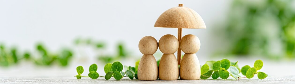 Three wooden figures under a small umbrella surrounded by green leaves, symbolizing protection and care in a natural setting.