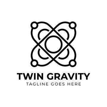 Minimalist scientific symbol depicting interconnected planetary or atomic paths in black ink.