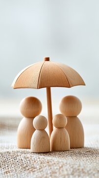 Wooden figurines representing a family sheltered under a small wooden umbrella, symbolizing protection and care.