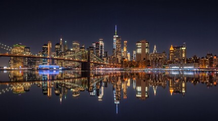 Fototapeta premium Illuminated city skyline at night with water reflection, urban metropolis panorama with glowing skyscrapers, suspension bridge over river at dusk
