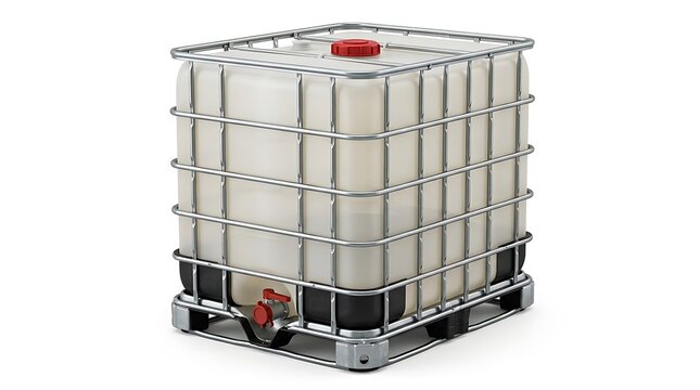 Industrial plastic water tank container with metal cage frame on a pallet. ibc container