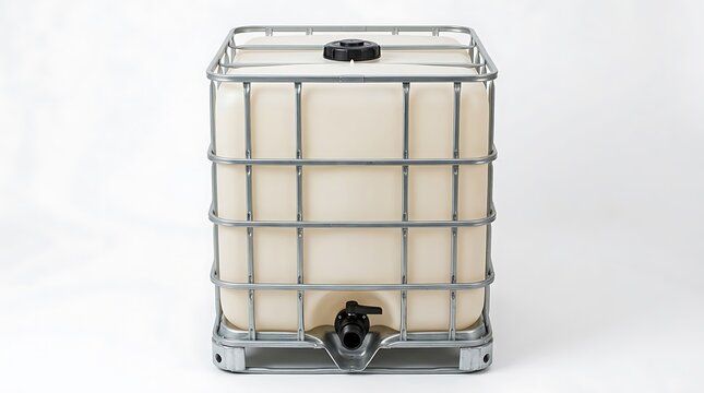 Large plastic water tank container with metal cage frame for industrial storage and transport. ibc container