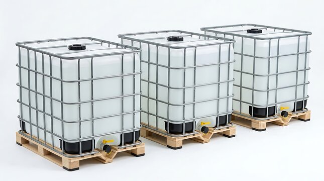Three large white industrial water tanks on wooden pallets for liquid storage and transport. ibc container