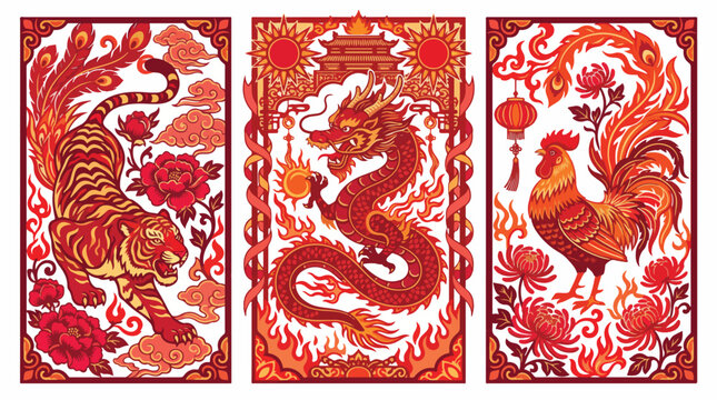 Tiger dragon and rooster zodiac illustration. Traditional Chinese astrology vector art.
