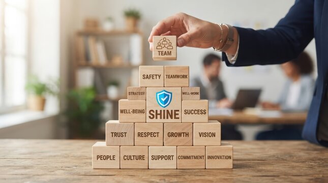5s management principles with teamwork and success blocks