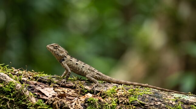Small Forest Lizard Exploring Mossy Ground Close Up