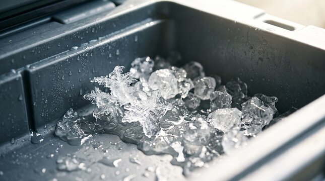 Close up of melting ice cubes and snowflake shaped ice in a cooler box with water droplets
