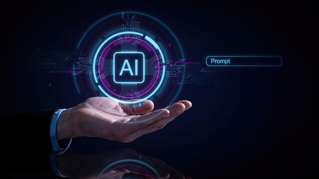 Hand holding a glowing digital ai icon with prompt bar
