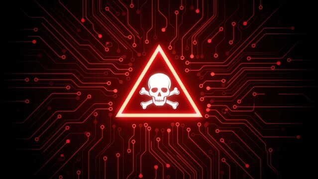 Digital security warning with skull and crossbones on red circuit board background