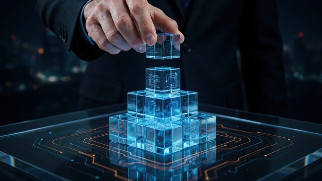 Businessman building a digital pyramid with glowing cubes