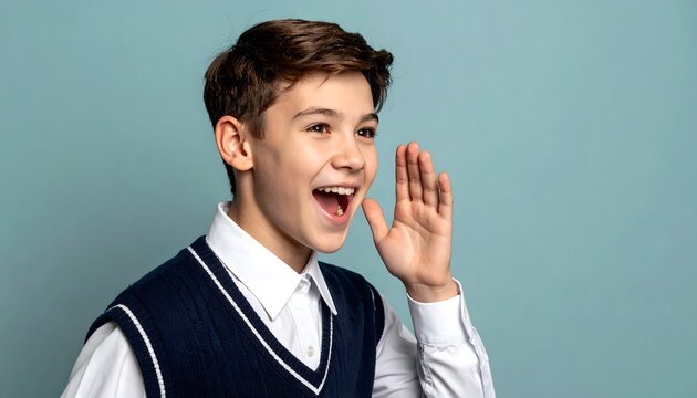 Enthusiastic schoolboy in vest shouting and calling out to someone