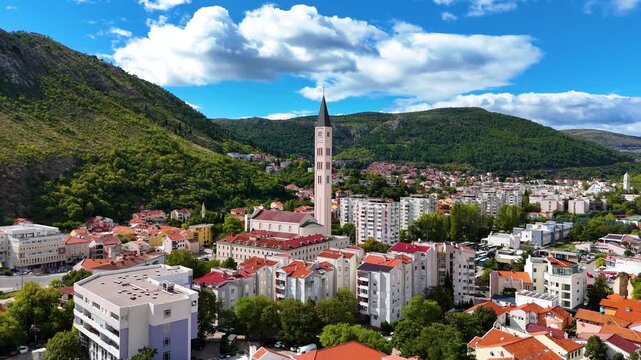 Aerial view of mostar city and bell tower in bosnia and herzegovina