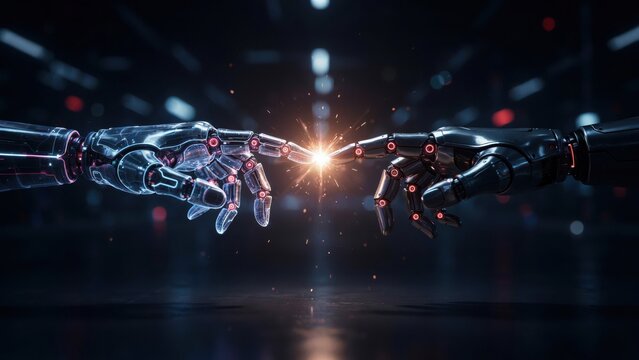 Futuristic robotic hands touching with electric sparks
