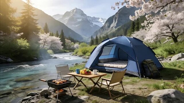 Luxury Riverside Glamping Camp with Blue Tent in Blooming Spring Mountain Valley Near Crystal Clear River
