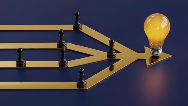 Black chess pawns moving along golden paths toward a glowing light bulb
