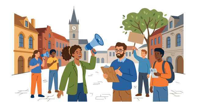 Diverse multicultural activists hosting a town hall meeting and peaceful protest in city square flat design vector illustration.