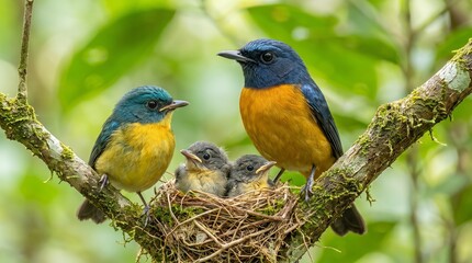 Obraz premium A pair of blue and orange birds tending to their chicks in a nest.