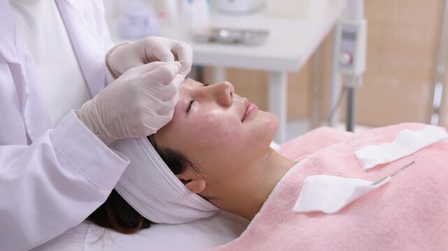 Professional cosmetologist in a spa clinic using a special tool for cleaning pores and removing blackheads from a young woman's face.