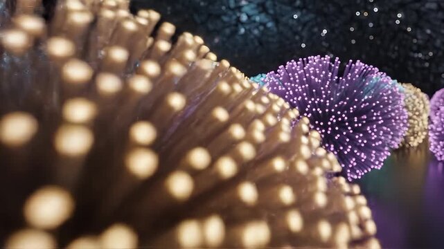 Closeup of glowing fiber optic strands in blue gold and purple