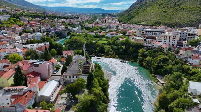 Scenic aerial view of mostar city and neretva river in bosnia and herzegovina