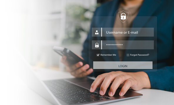 User typing login and password at home, secure access to the personal information and big data. cyber security, the digital crime concept, and data protection from hackers.