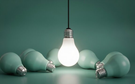Glowing light bulb hanging above unlit bulbs