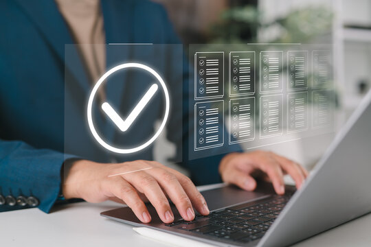 Document Management System (DMS) concept. Businessmen checklist, managing and access information in online exam standards and document Control for company database access