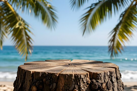Stump table on beach with blurred blue sea, sky and green palm leaves background.
