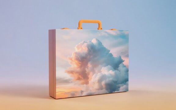 A surreal briefcase featuring a vibrant sunset cloudscape