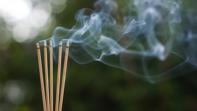 Burning incense sticks with smoke against a blurred background