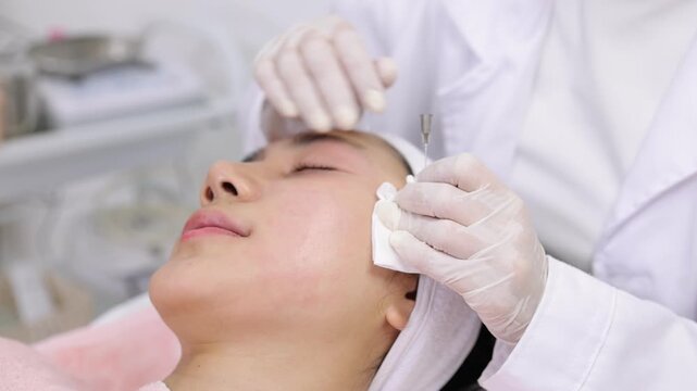 Cosmetologist performing facial acne treatment with an extractor tool.