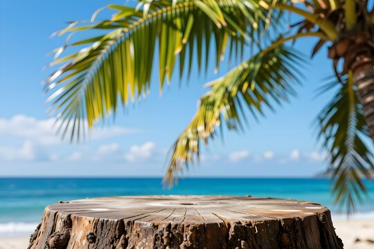 Stump table on beach with blurred blue sea, sky and green palm leaves background.