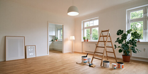 Fototapeta premium Renovation of bright empty room with ladder and paint cans