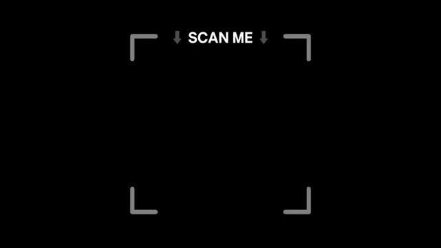 QR Code Scan Me Frame Animation Black Background White Horizontal 16:9 4K Seamless Loop Overlay