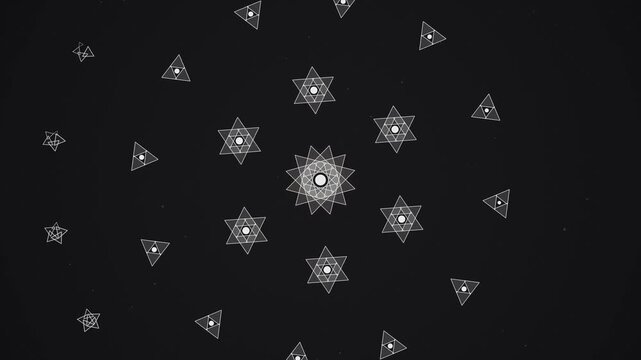 Abstract white geometric hexagram mandala pattern on black background featuring radial symmetry and mystical spiritual symbols for creative design