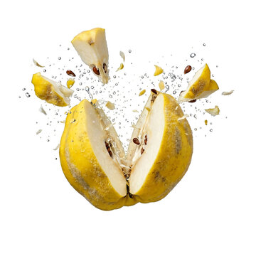 Exploding yellow fruit with seeds isolated on transparent background.