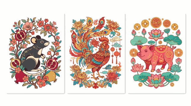 Chinese zodiac triptych with rat, rooster and pig. Asian horoscope animal art set.