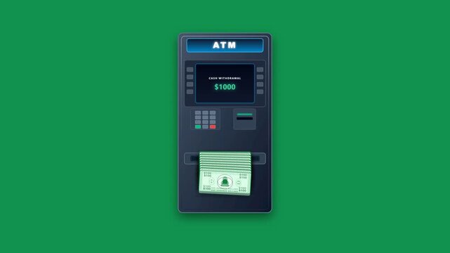 Financial cash withdrawal animation of atm on green screen. 4K Video