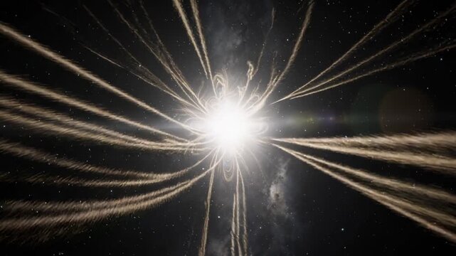 Bright cosmic explosion with radiant energy beams in deep space with stars and galaxy background