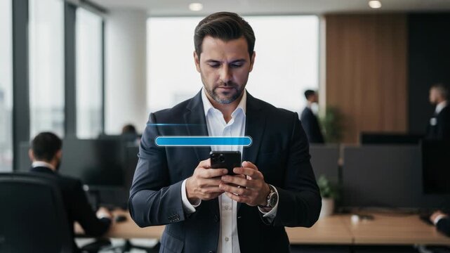 Focused businessman using smartphone with digital progress bar overlay in modern office environment