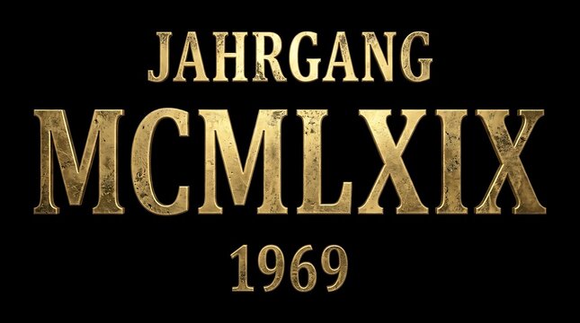 A shimmering golden emblem features the German term Jahrgang with Roman numerals representing the historic year nineteen sixty nine displayed in a bold typeface to celebrate a timeless