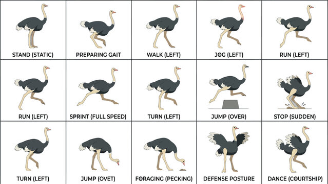 Detailed flat vector chart showing different movement poses and behavioral postures of an ostrich for animation
